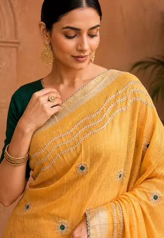 Yellow Embroidery Thread And Beats Work Design Fabric Soft Linen Saree With Unstitched Blouse
