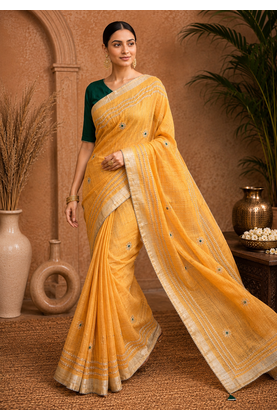 Yellow Embroidery Thread And Beats Work Design Fabric Soft Linen Saree With Unstitched Blouse 3
