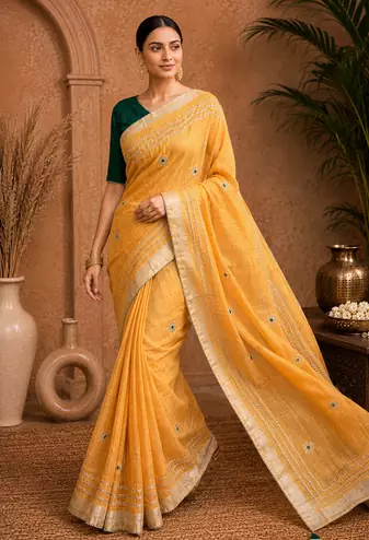 Yellow Embroidery Thread And Beats Work Design Fabric Soft Linen Saree With Unstitched Blouse