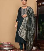 Floral Embroidered Thread Work Pure Silk Straight Kurta With Trousers & Dupatta