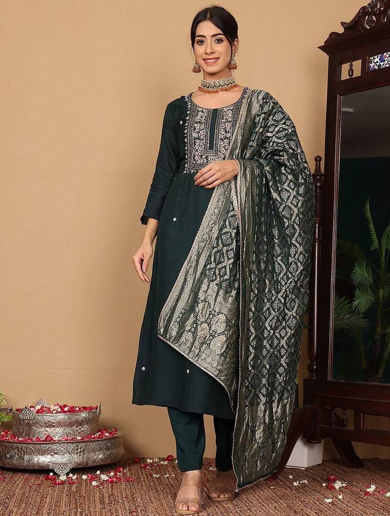 Floral Embroidered Thread Work Pure Silk Straight Kurta With Trousers & Dupatta