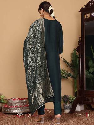Floral Embroidered Thread Work Pure Silk Straight Kurta With Trousers & Dupatta 5