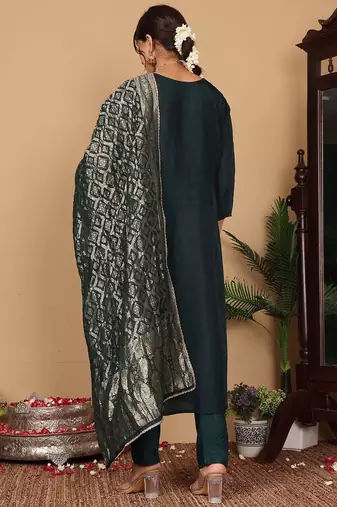 Floral Embroidered Thread Work Pure Silk Straight Kurta With Trousers & Dupatta