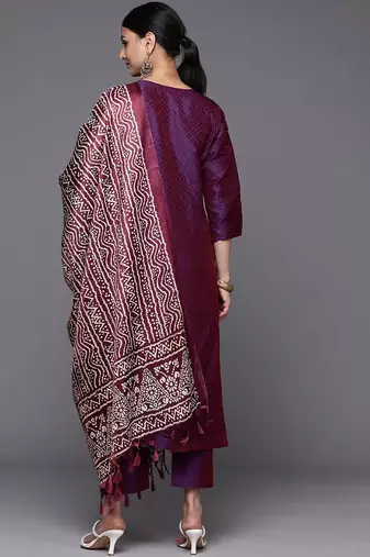 Geometric Woven Design Thread and Zari Work Straight Kurta with Trousers & Dupatta