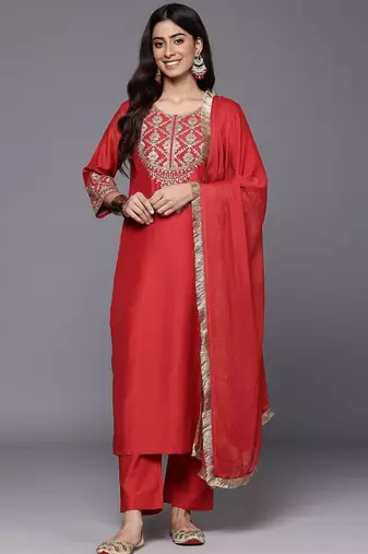 Ethnic Motifs Zari Embroidered Sequinned Yoke Kurta & trouser With Dupatta