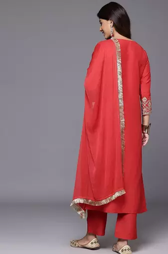 Ethnic Motifs Zari Embroidered Sequinned Yoke Kurta & trouser With Dupatta