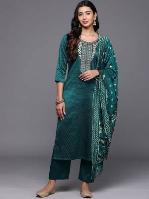Ethnic Motifs Zari Embroidered Yoke Kurta & Trousers With Dupatta 1