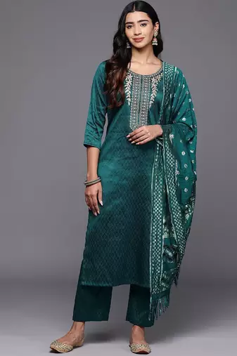 Ethnic Motifs Zari Embroidered Yoke Kurta & Trousers With Dupatta