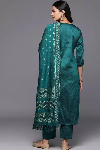 Ethnic Motifs Zari Embroidered Yoke Kurta & Trousers With Dupatta