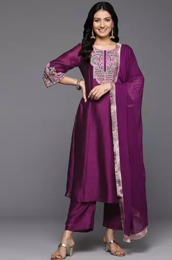 Thread & Zari Embroidered A-Line Kurta & Trousers With Dupatta