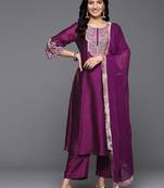 Thread & Zari Embroidered A-Line Kurta & Trousers With Dupatta