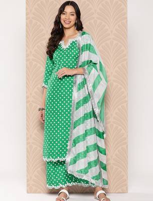 Bandhani Printed Lace Detailed Straight Kurta with Trousers and Dupatta 1