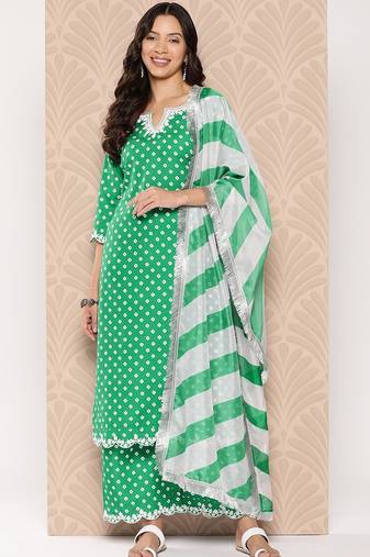 Bandhani Printed Lace Detailed Straight Kurta with Trousers and Dupatta