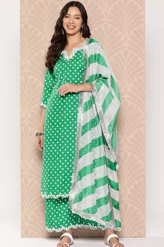 Bandhani Printed Lace Detailed Straight Kurta with Trousers and Dupatta