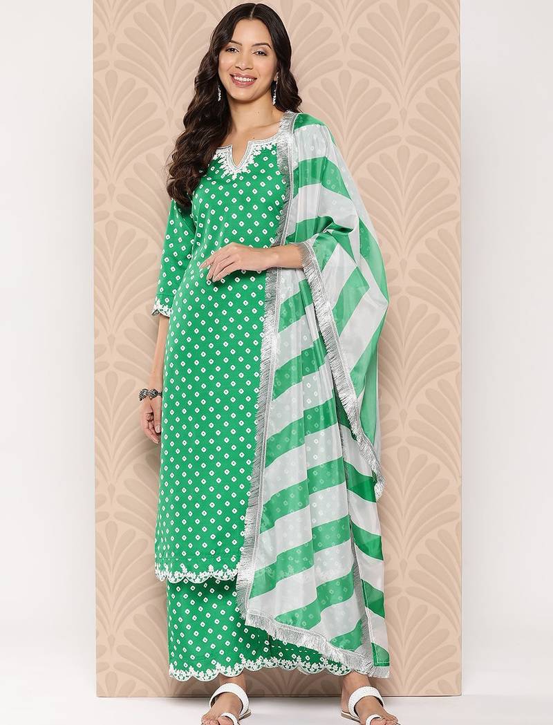 Bandhani Printed Lace Detailed Straight Kurta with Trousers and Dupatta