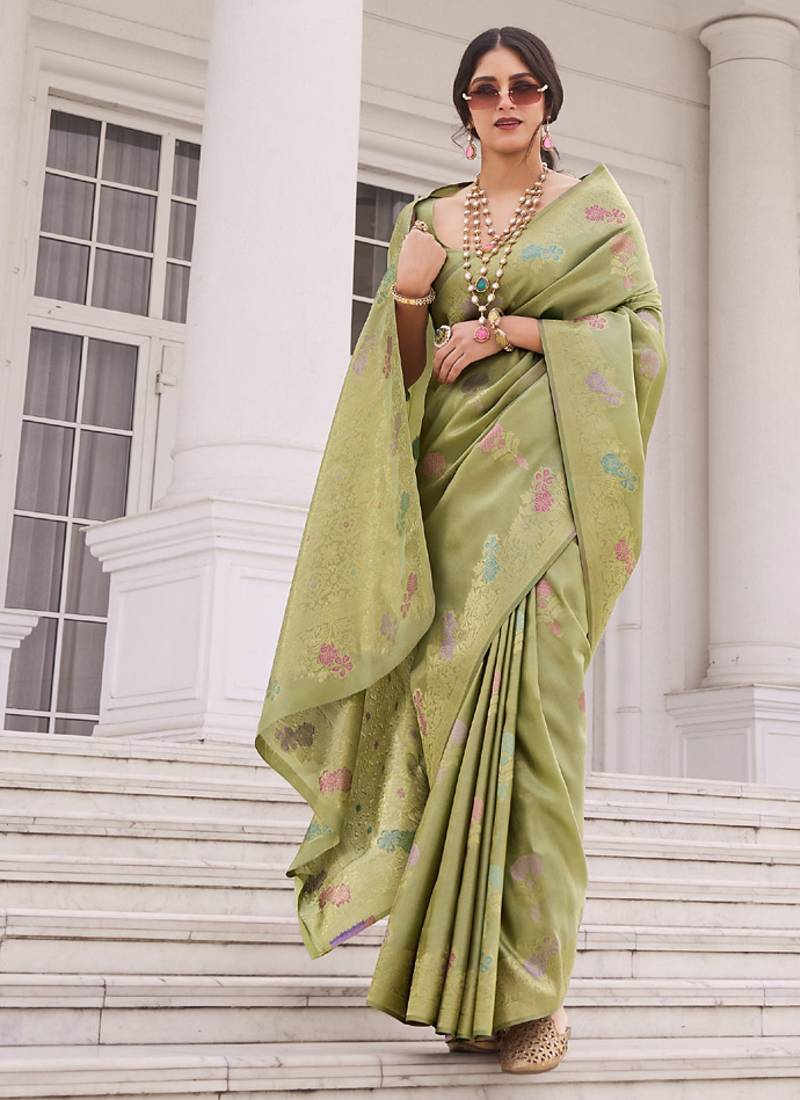 Olive koper silk zari weaving designer saree