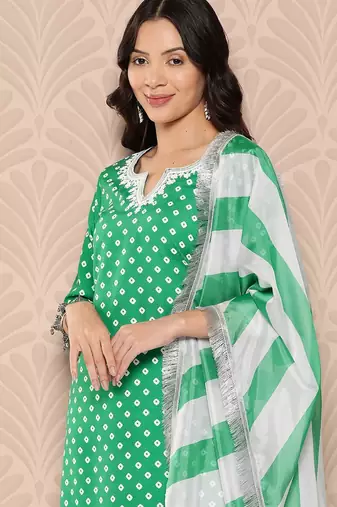 Bandhani Printed Lace Detailed Straight Kurta with Trousers and Dupatta