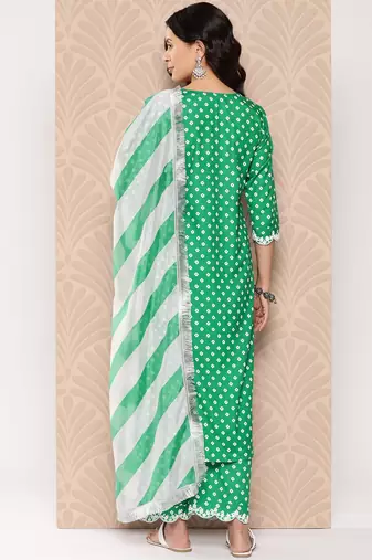 Bandhani Printed Lace Detailed Straight Kurta with Trousers and Dupatta