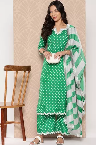 Bandhani Printed Lace Detailed Straight Kurta with Trousers and Dupatta