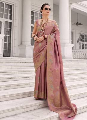 Rose pink koper silk zari weaving designer saree 1
