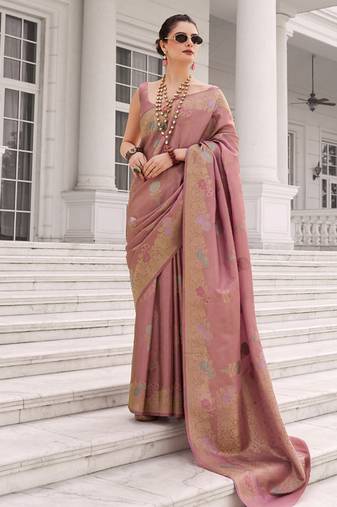 Rose pink koper silk zari weaving designer saree