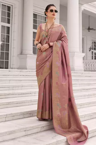 Rose pink koper silk zari weaving designer saree