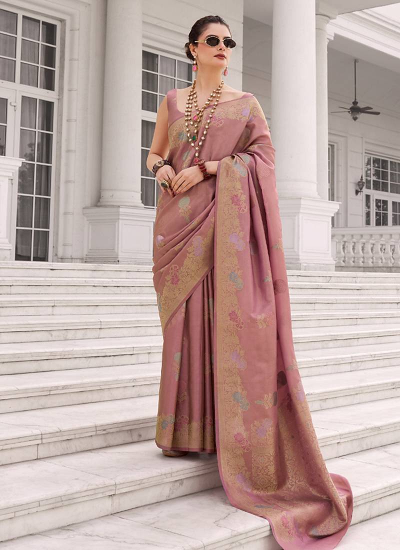 Rose pink koper silk zari weaving designer saree
