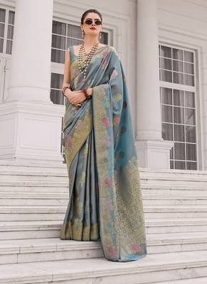 Gray koper silk zari weaving designer saree 1