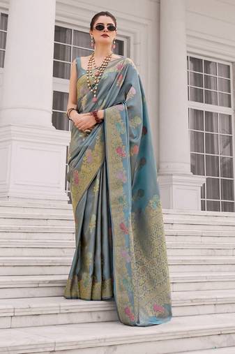 Gray koper silk zari weaving designer saree