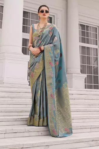 Gray koper silk zari weaving designer saree
