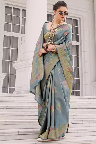 Gray koper silk zari weaving designer saree