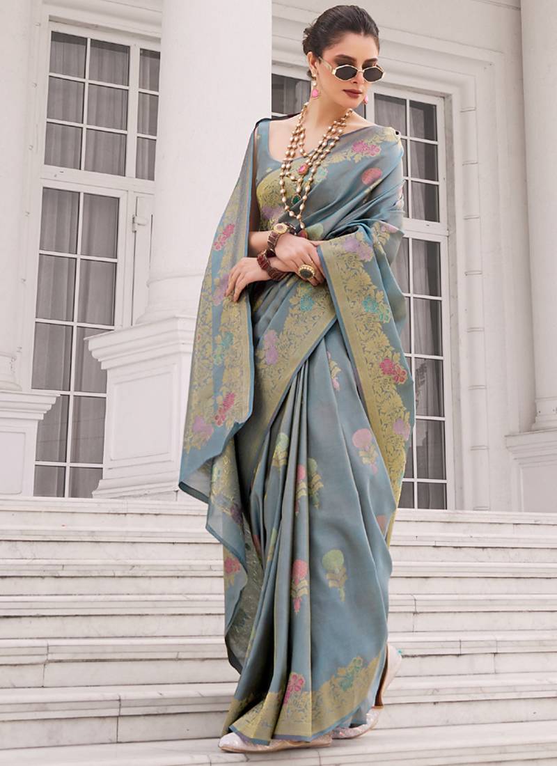 Gray koper silk zari weaving designer saree