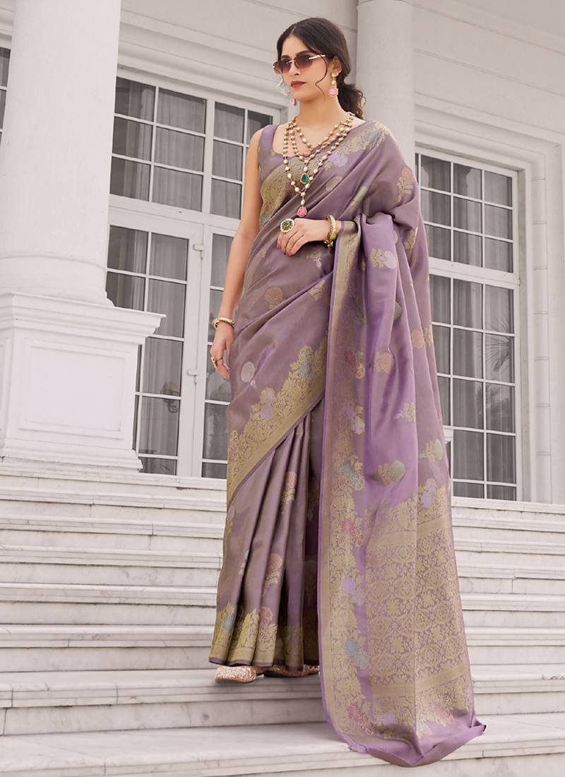 Lavender koper silk zari weaving designer saree