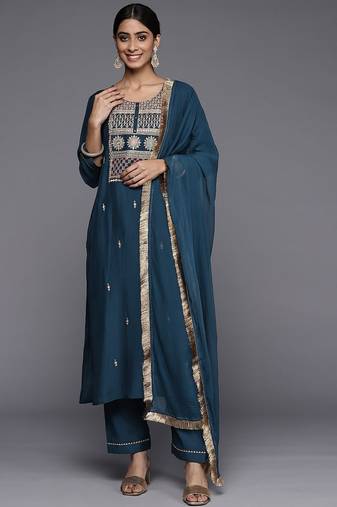 Ethnic Motifs Embroidered Straight Kurta & Trousers With Dupatta