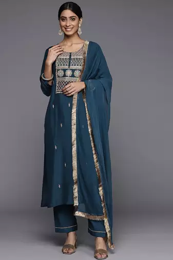 Ethnic Motifs Embroidered Straight Kurta & Trousers With Dupatta