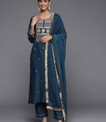 Ethnic Motifs Embroidered Straight Kurta & Trousers With Dupatta