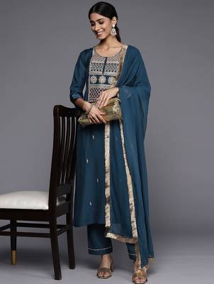 Ethnic Motifs Embroidered Straight Kurta & Trousers With Dupatta 7
