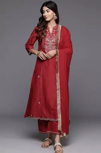 Embroidered Mandarin Collar Straight Kurta & Trousers With Dupatta