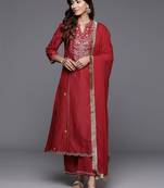 Embroidered Mandarin Collar Straight Kurta & Trousers With Dupatta