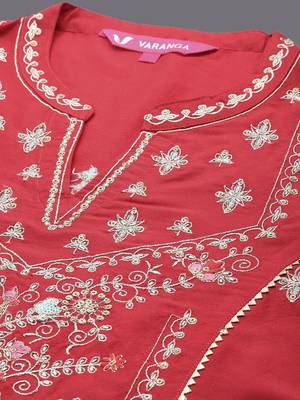 Embroidered Mandarin Collar Straight Kurta & Trousers With Dupatta 2