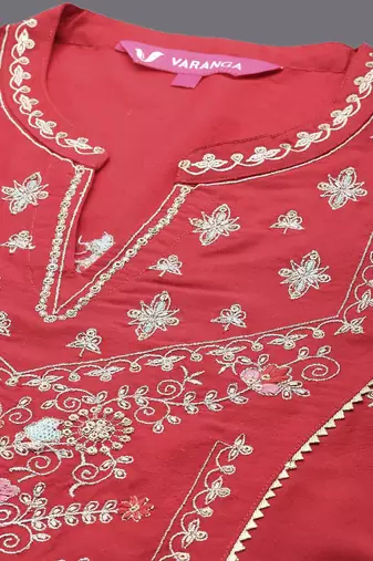 Embroidered Mandarin Collar Straight Kurta & Trousers With Dupatta