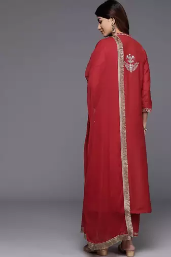 Embroidered Mandarin Collar Straight Kurta & Trousers With Dupatta