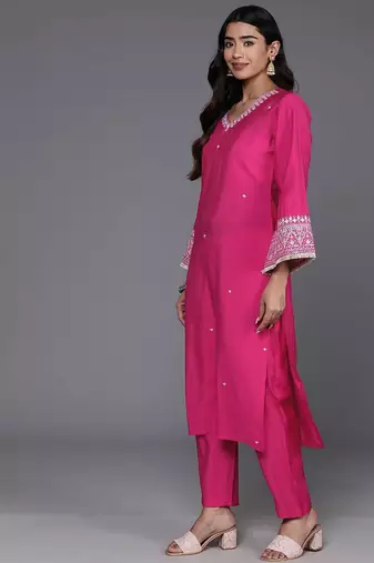 Floral Embroidered V-Neck Flared Sleeves Straight Kurta With Trousers & Dupatta