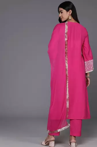 Floral Embroidered V-Neck Flared Sleeves Straight Kurta With Trousers & Dupatta