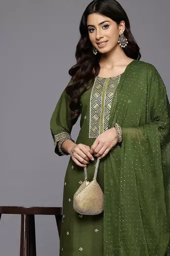 Embroidered Sequinned Kurta With Trousers & Dupatta