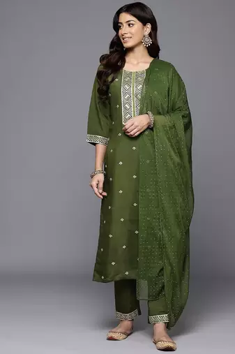 Embroidered Sequinned Kurta With Trousers & Dupatta