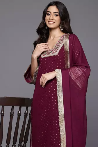 Women Gotta Patti Embroidered Silk Georgette Kurta with Trousers & Dupatta