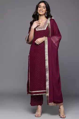Women Gotta Patti Embroidered Silk Georgette Kurta with Trousers & Dupatta