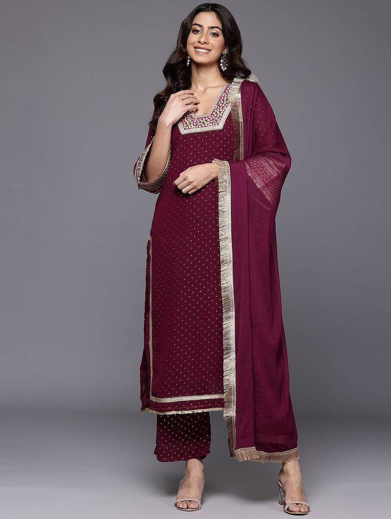 Women Gotta Patti Embroidered Silk Georgette Kurta with Trousers & Dupatta