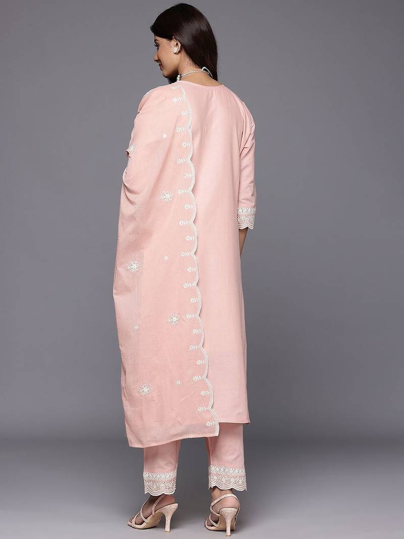 Women Embroidered Pure Cotton Kurta with Trousers & Dupatta